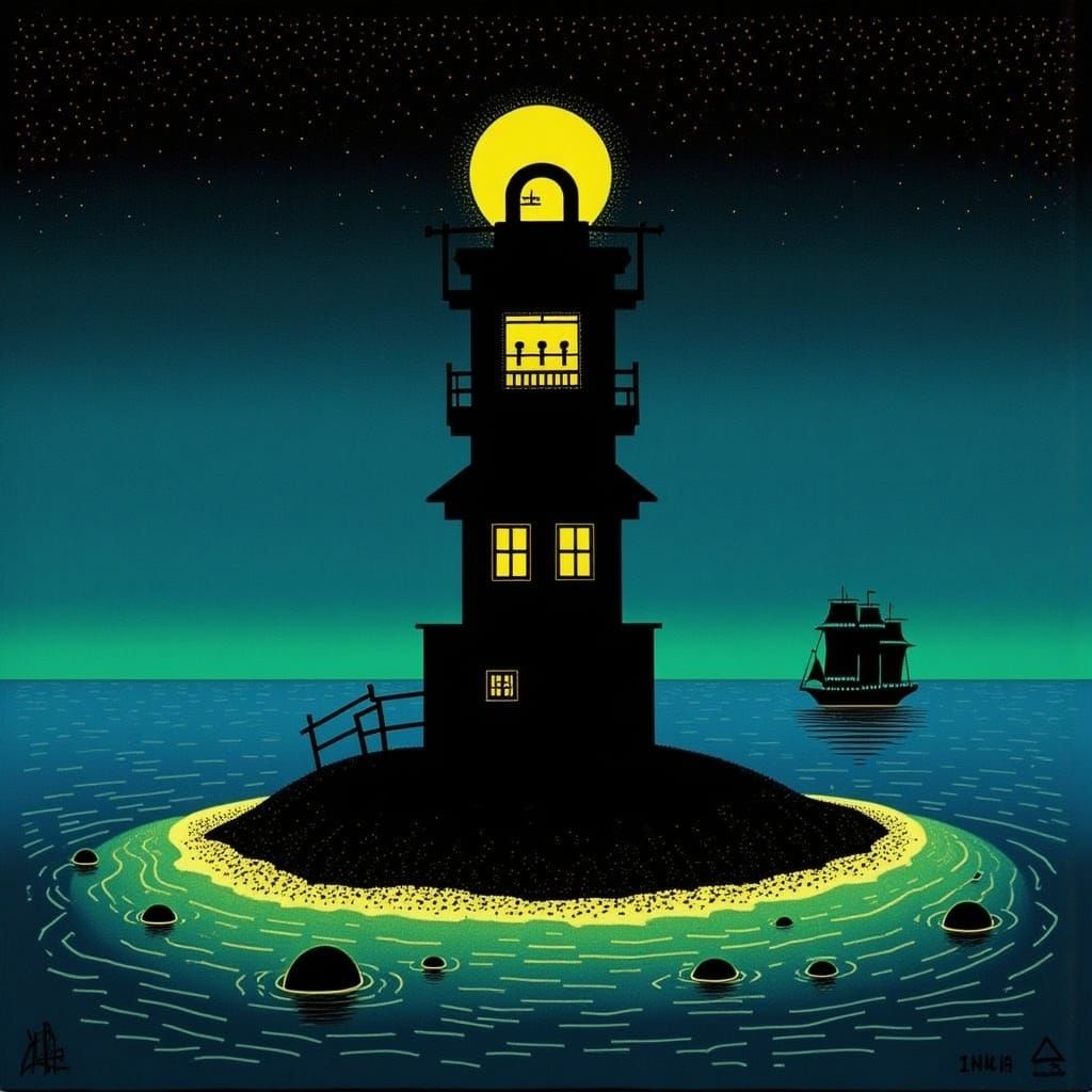 Night Scene of a Rickety Lighthouse on Island