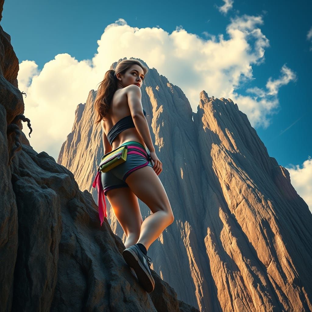Mystical Climber Ascends Towering Rock Face