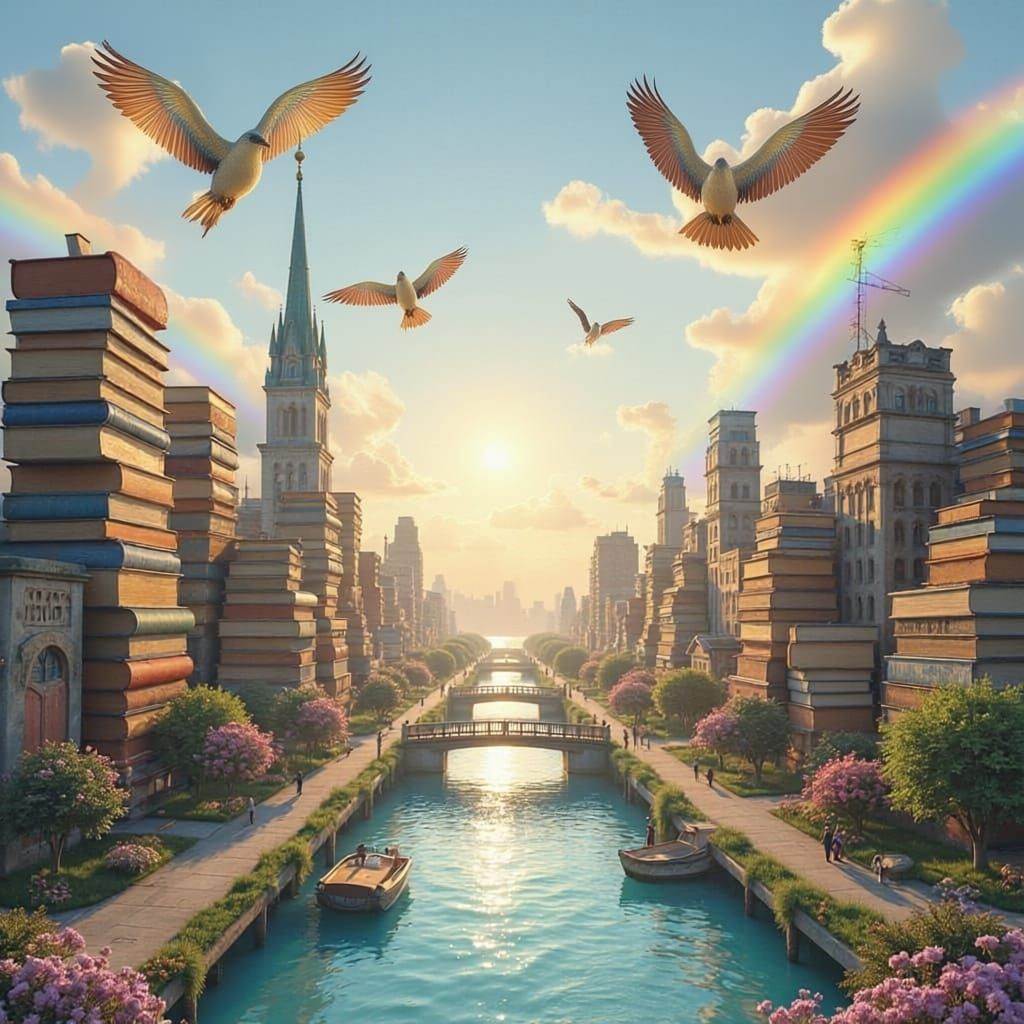Whimsical Book Cityscape at Dawn