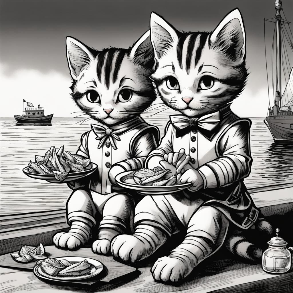 Tabby Kittens Enjoying Fish and Chips: Tenniel Style