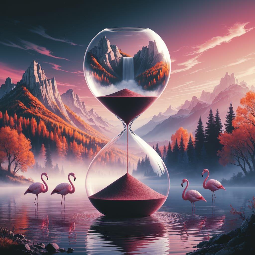 Ethereal Fantasy Hourglass in Autumn Landscape with Waterfal...