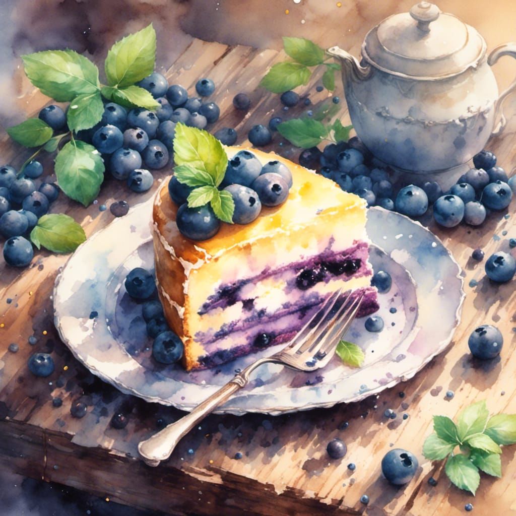 Watercolor Blueberry Cake with Custard and Mint