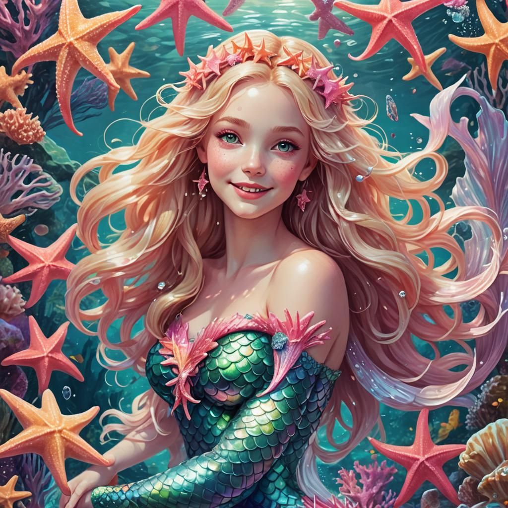 Smiling Mermaid with Iridescent Tail in Digital Art