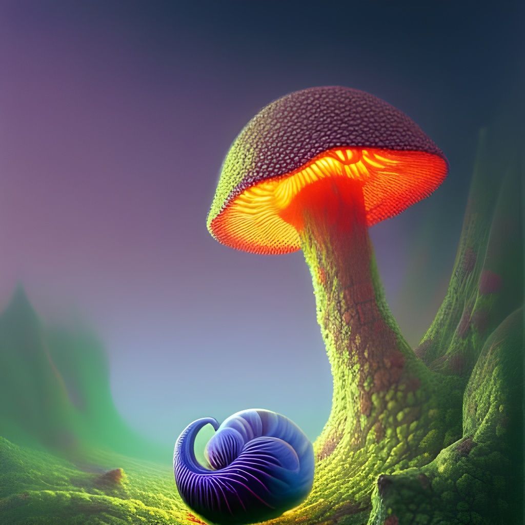 Neon Fractal Mushroom-Snail in Cyberpunk City