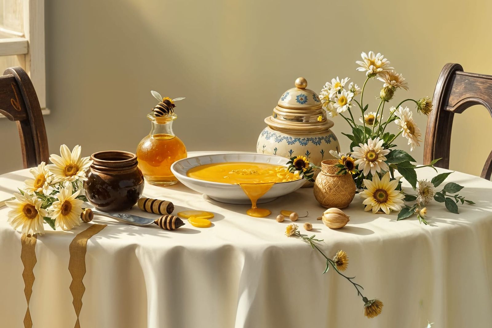 Honey, Bees, and Sunflowers on a Decorated Table