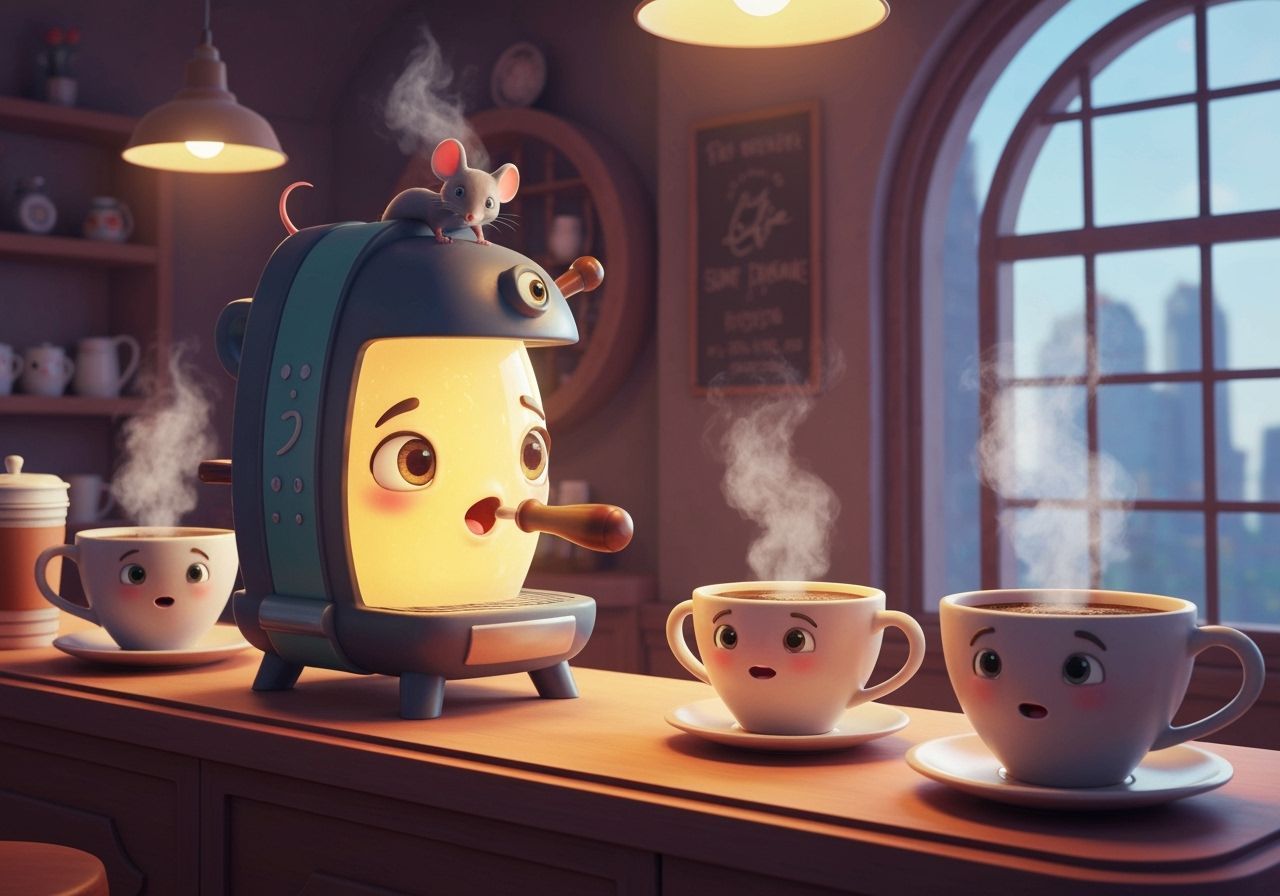 Enchanted Cafe with Magical Coffee Machine and Living Cups