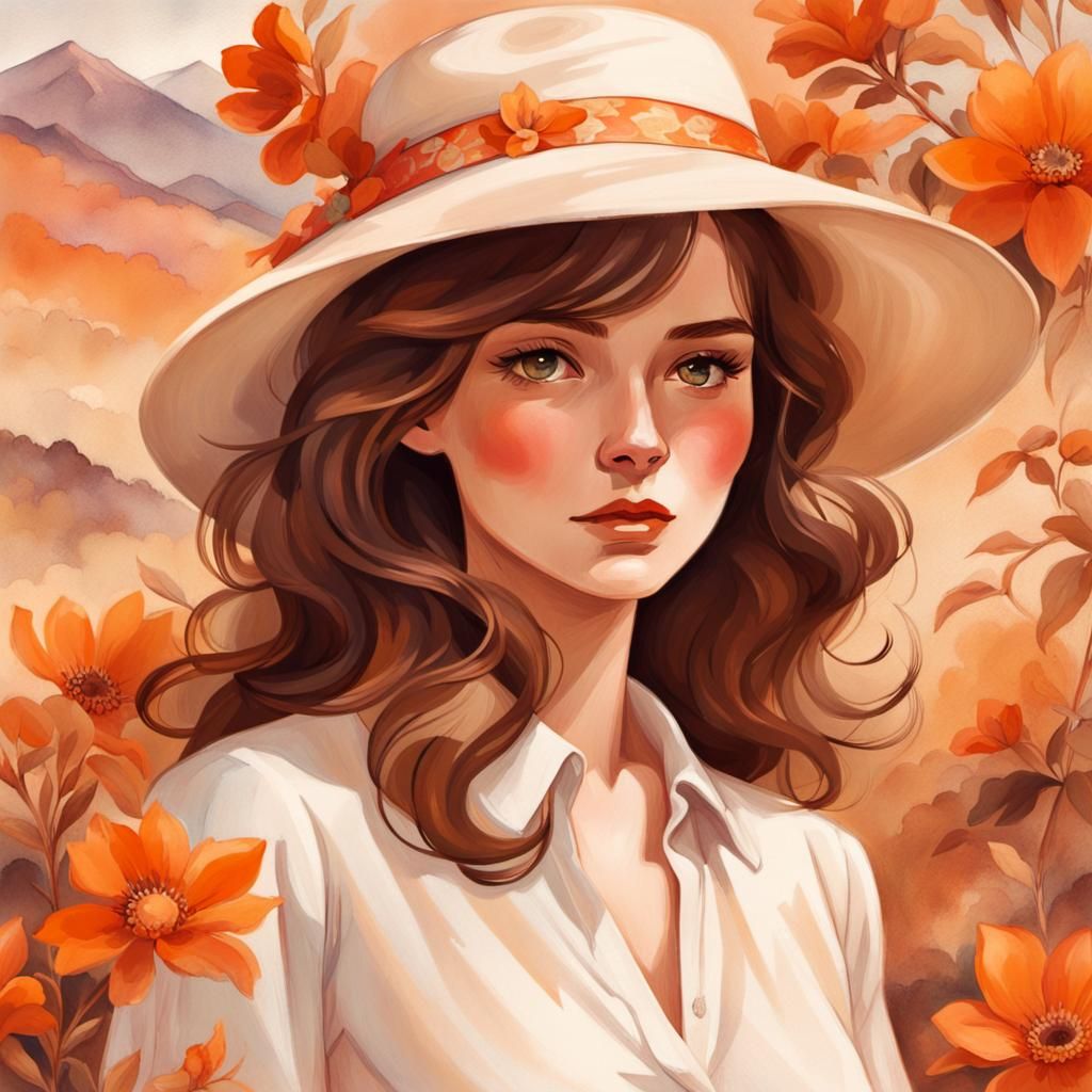 Woman with Floral Blouse in Vintage Illustration Style