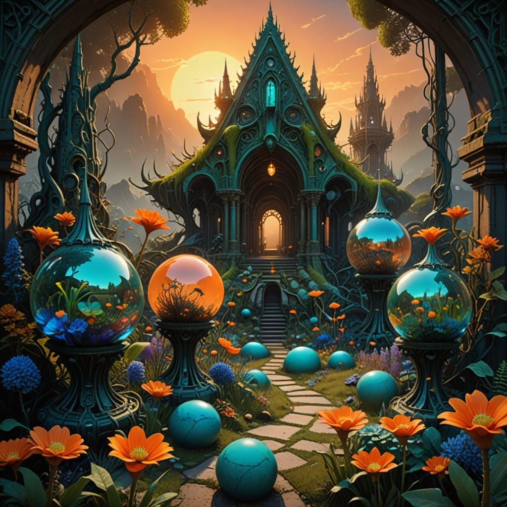 Exquisite Sunrise Garden with Gothic Archways and Mirror Glo...