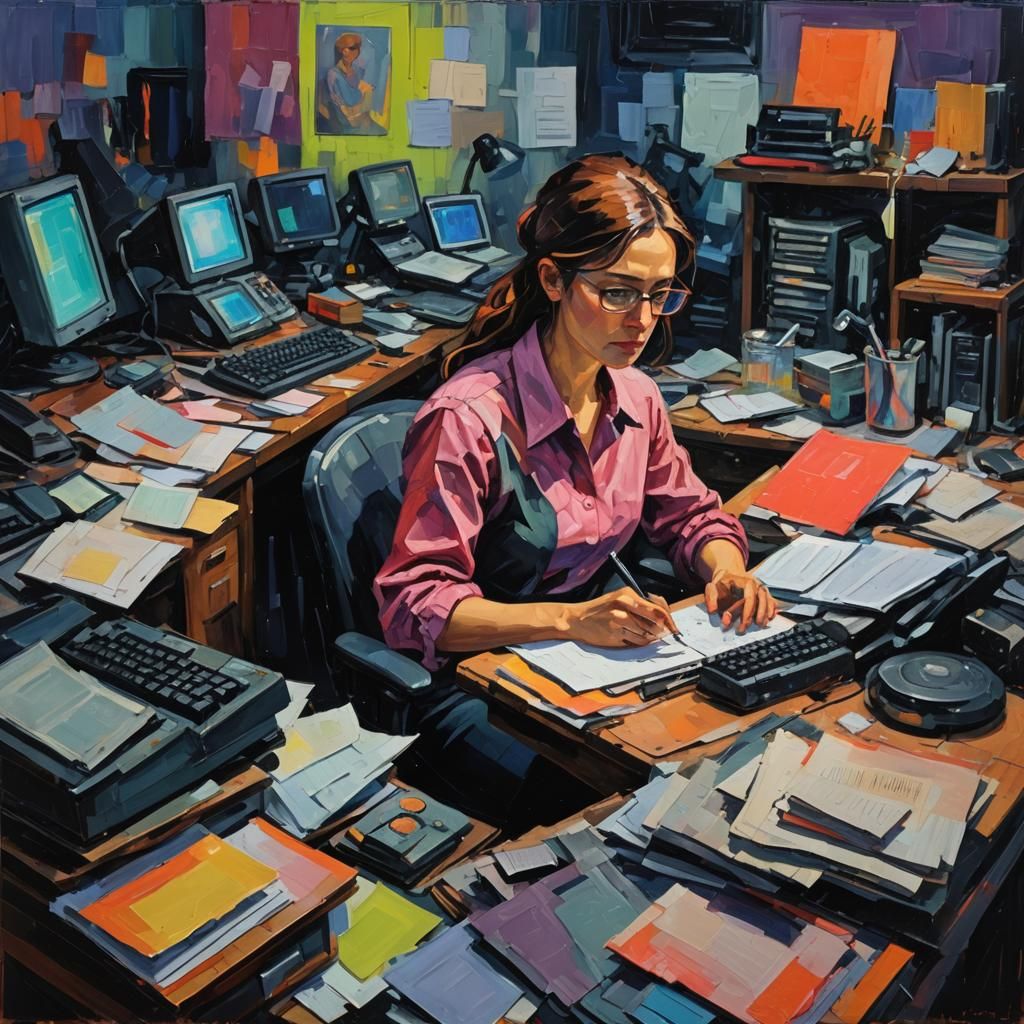 Woman in Dimly Lit Lab: Neo-Impressionist Oil Painting