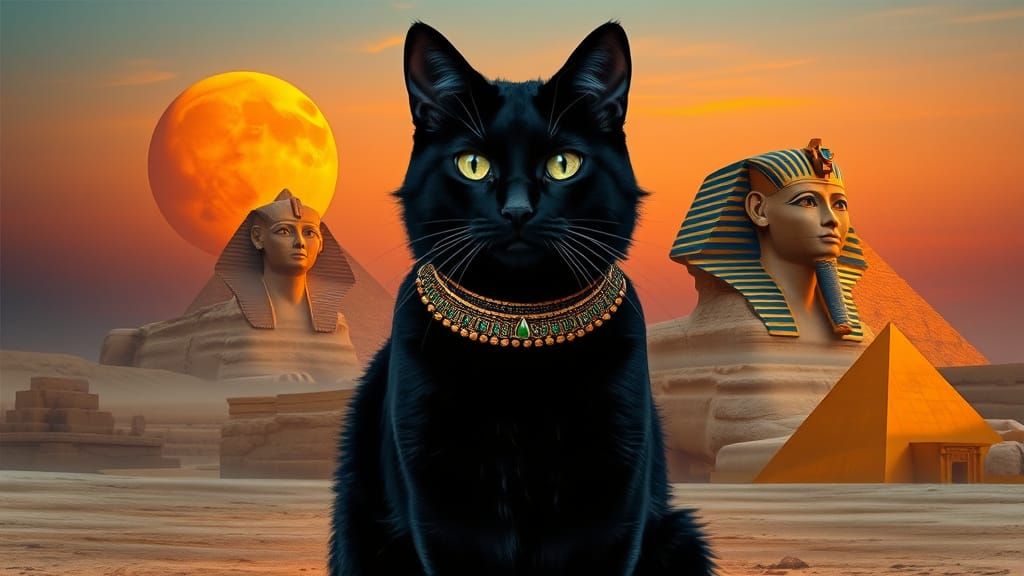 Black Cat with Emerald Collar and Giza Sphinx
