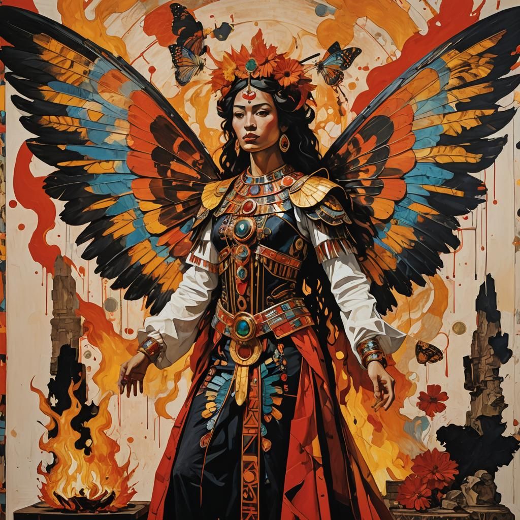 Aztec  Angel with flaming fire monarch butterfly wings altar...