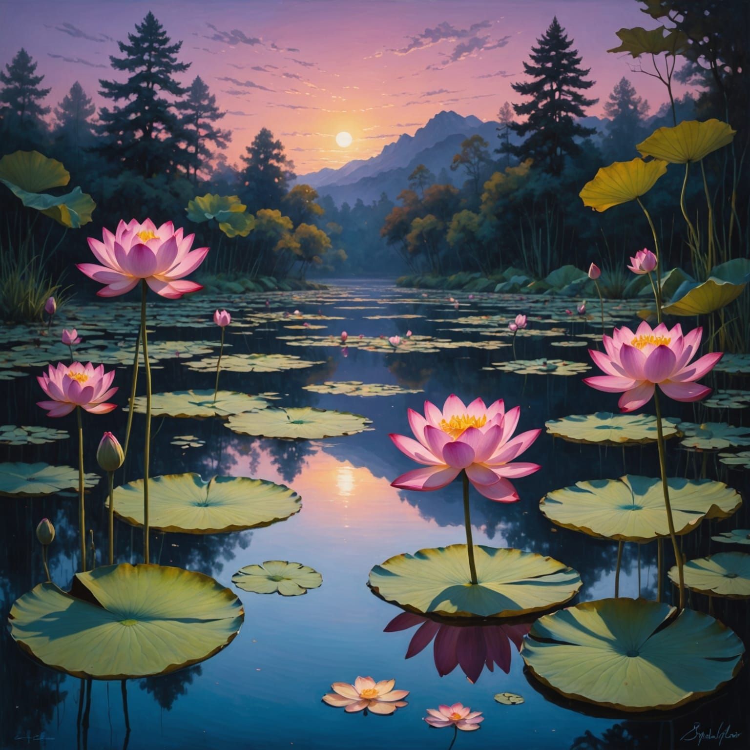 Whimsical Twilight Pond Scene with Bioluminescent Lotus Flow...