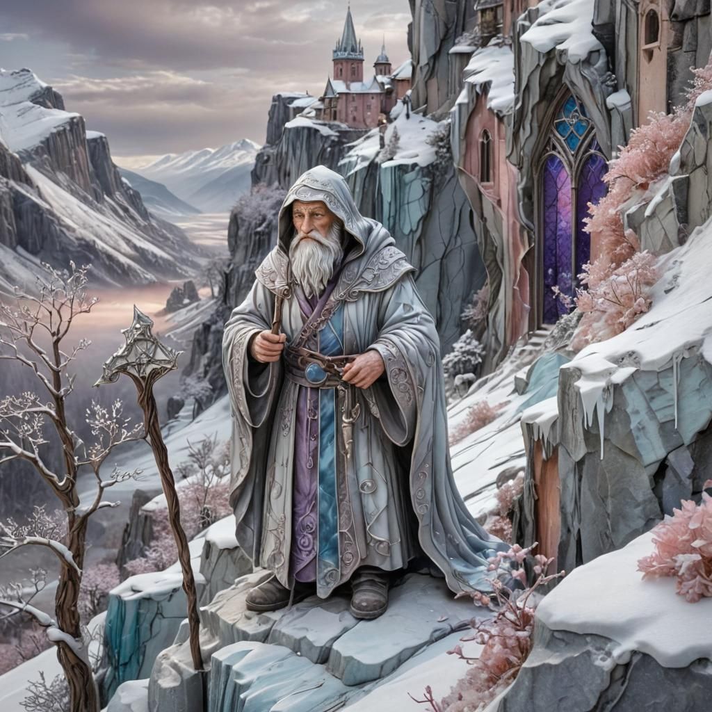 Mystical Hermit in Winter Landscape