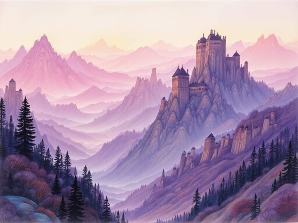 Fairytale Castles in Pink Evening Light Watercolor