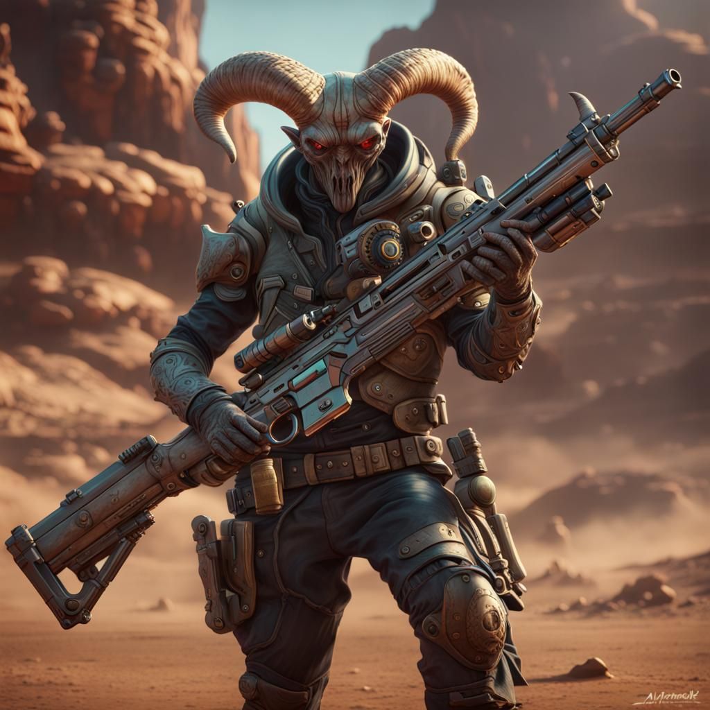 Alien Bounty Hunter with Horns, Detailed Matte Painting
