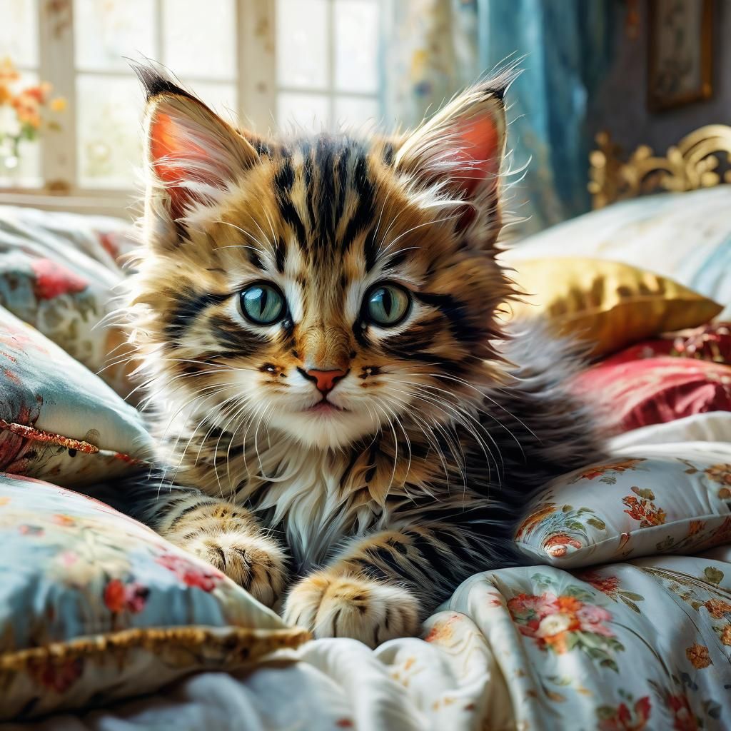 Cute Kitten Curled on Bed in Anime Style