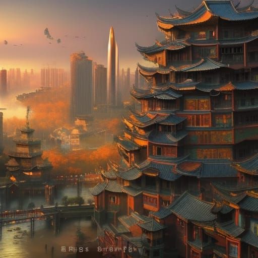 Futuristic Chinese City with Robots, Digital Art