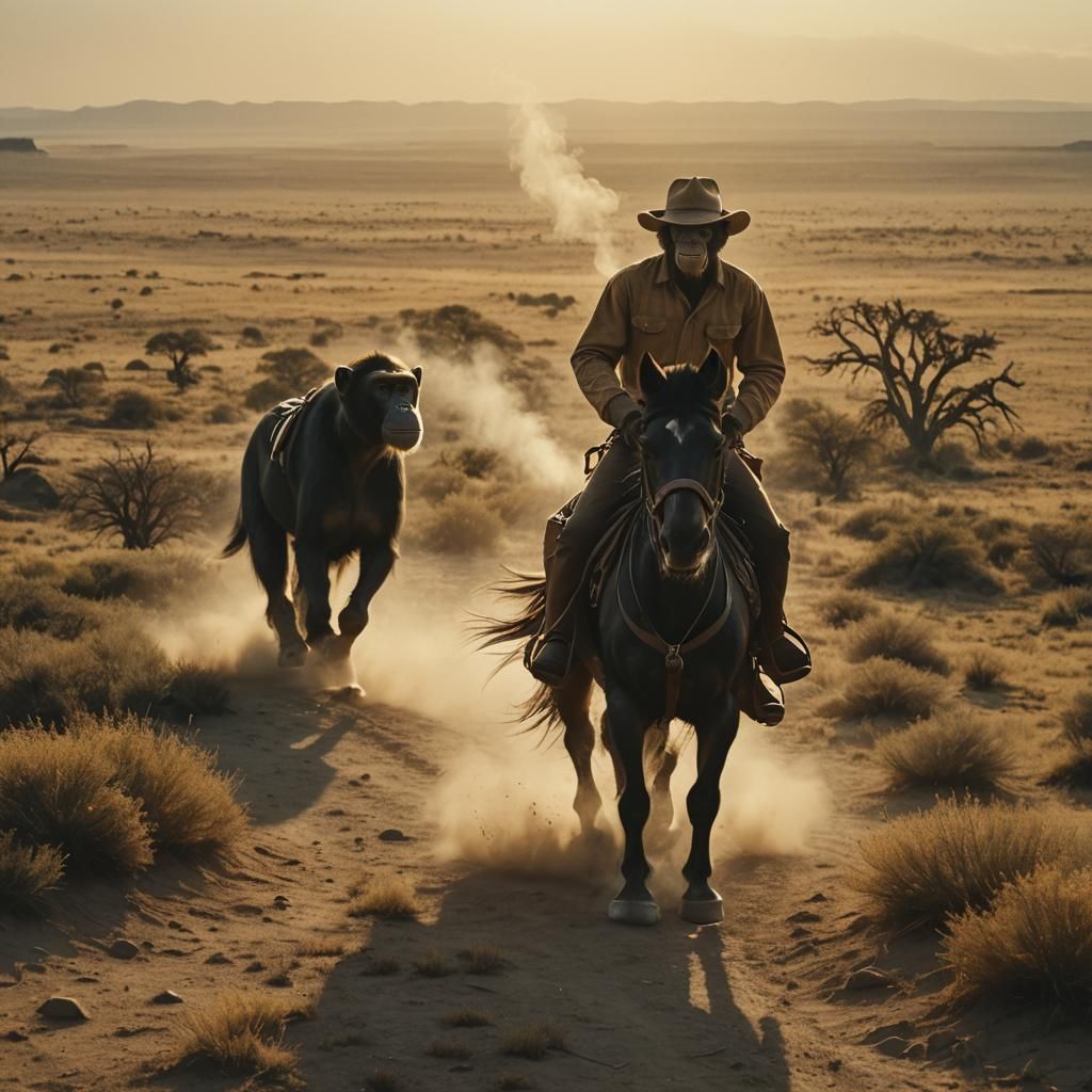 Chimpanzee Cowboy Rides Horse in Cinematic Western Scene