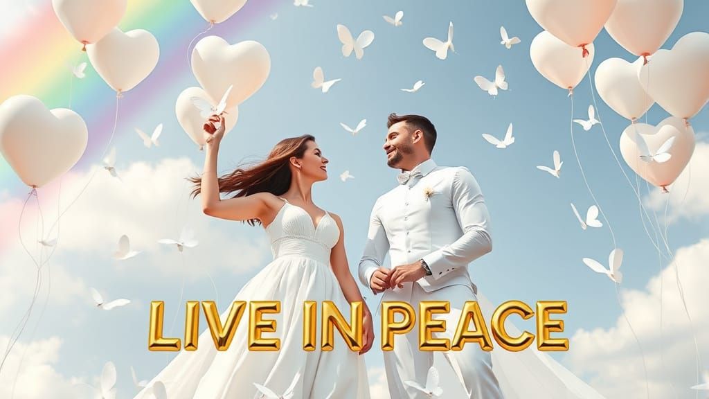 Rainbow Couple Floating with Butterflies and Balloons