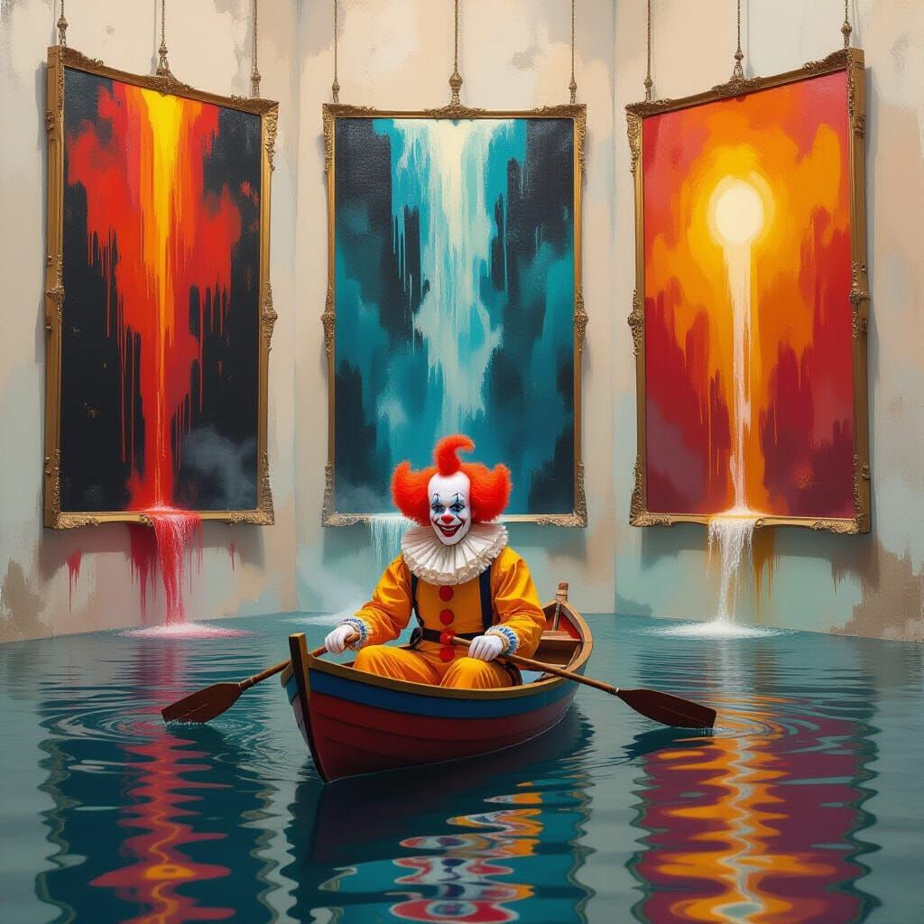 Clown in Water Room with Waterfall Portraits