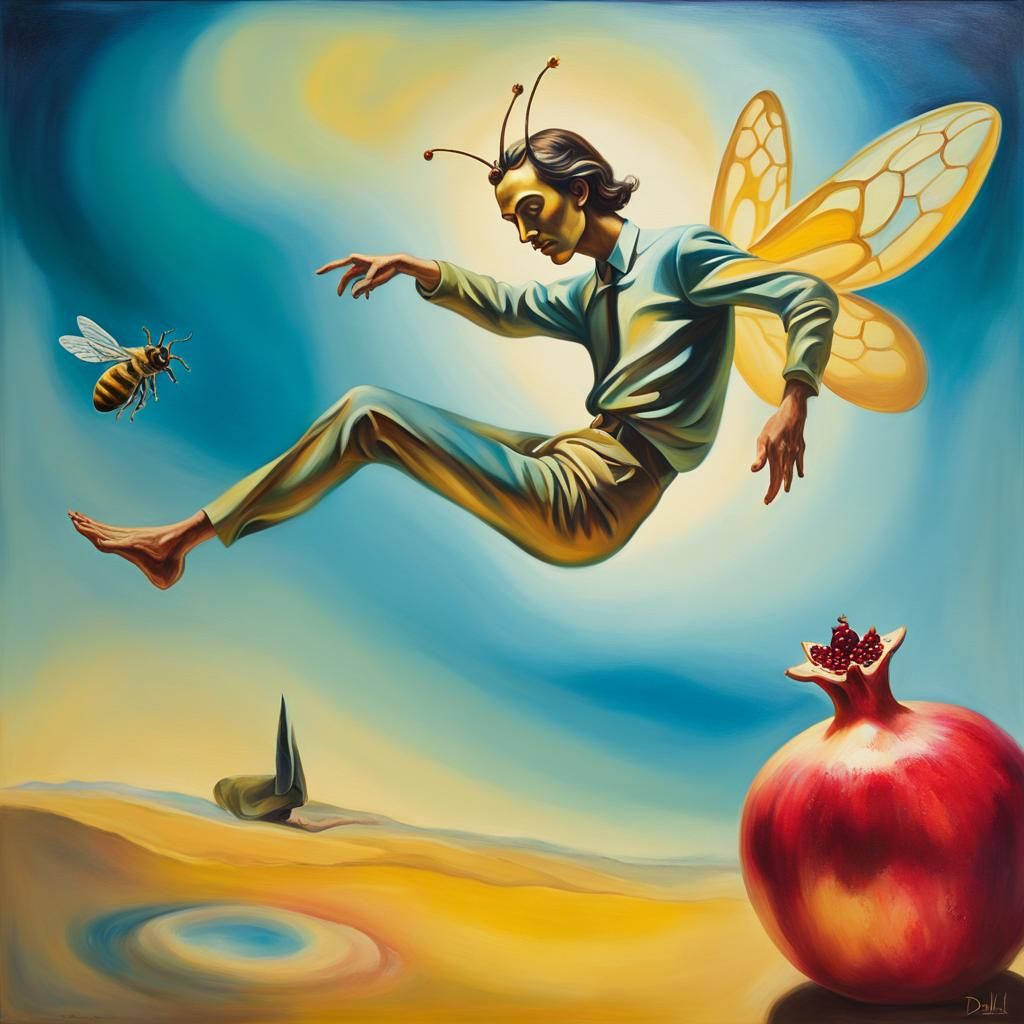 Surreal Bee and Pomegranate in Dreamlike Style
