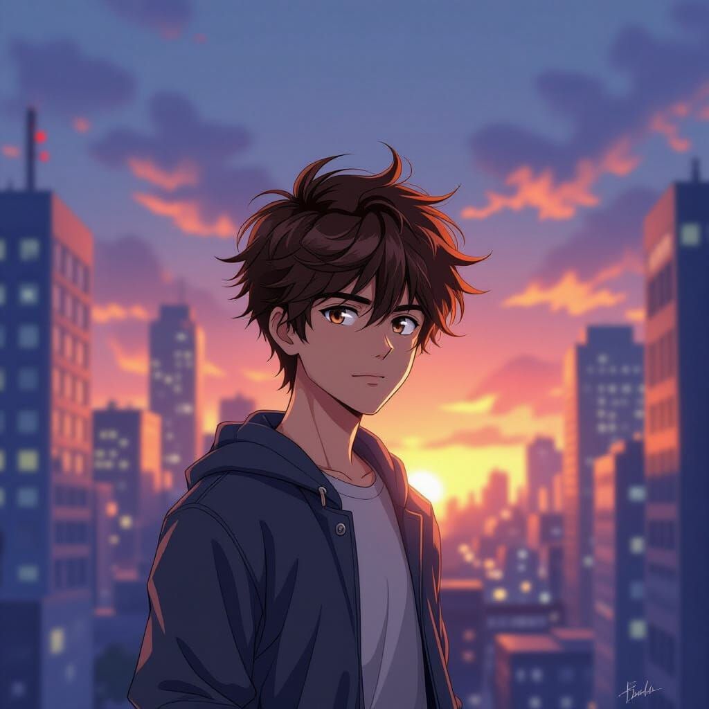 Young Man in Bustling Cityscape at Dawn