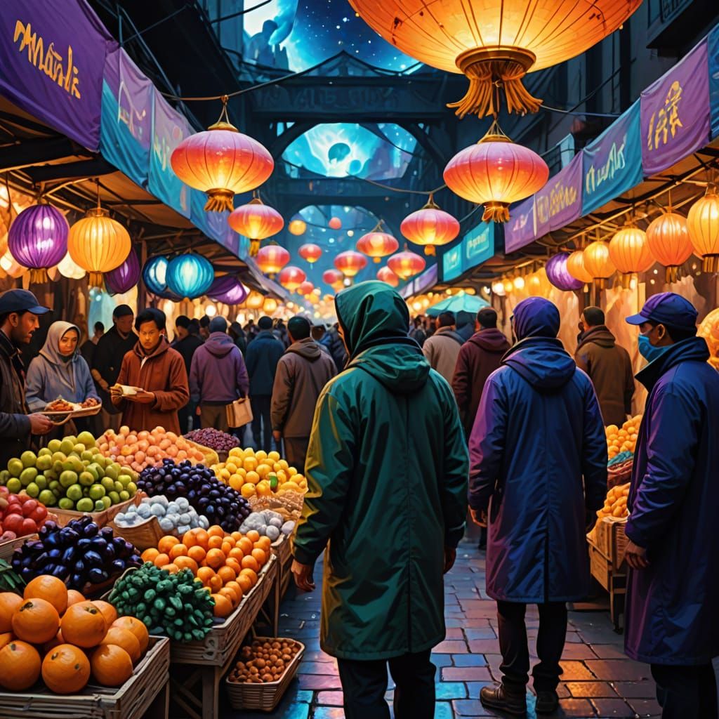 Alien Market: Impressionist Street Scene with Glowing Produc...