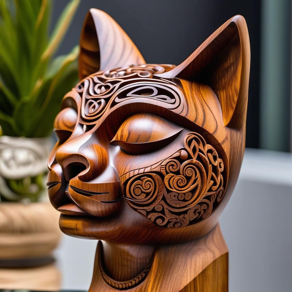 Maori Wood Carving of a Beautiful Cat