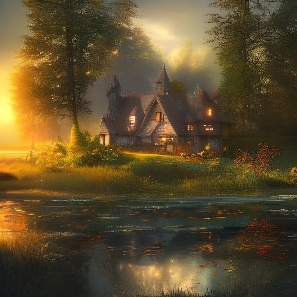 Dreamy Lakeside Cottage in Summer Landscape