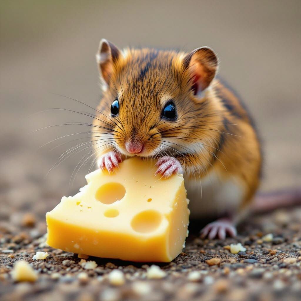 Adorable Mouse Nibbling Cheese
