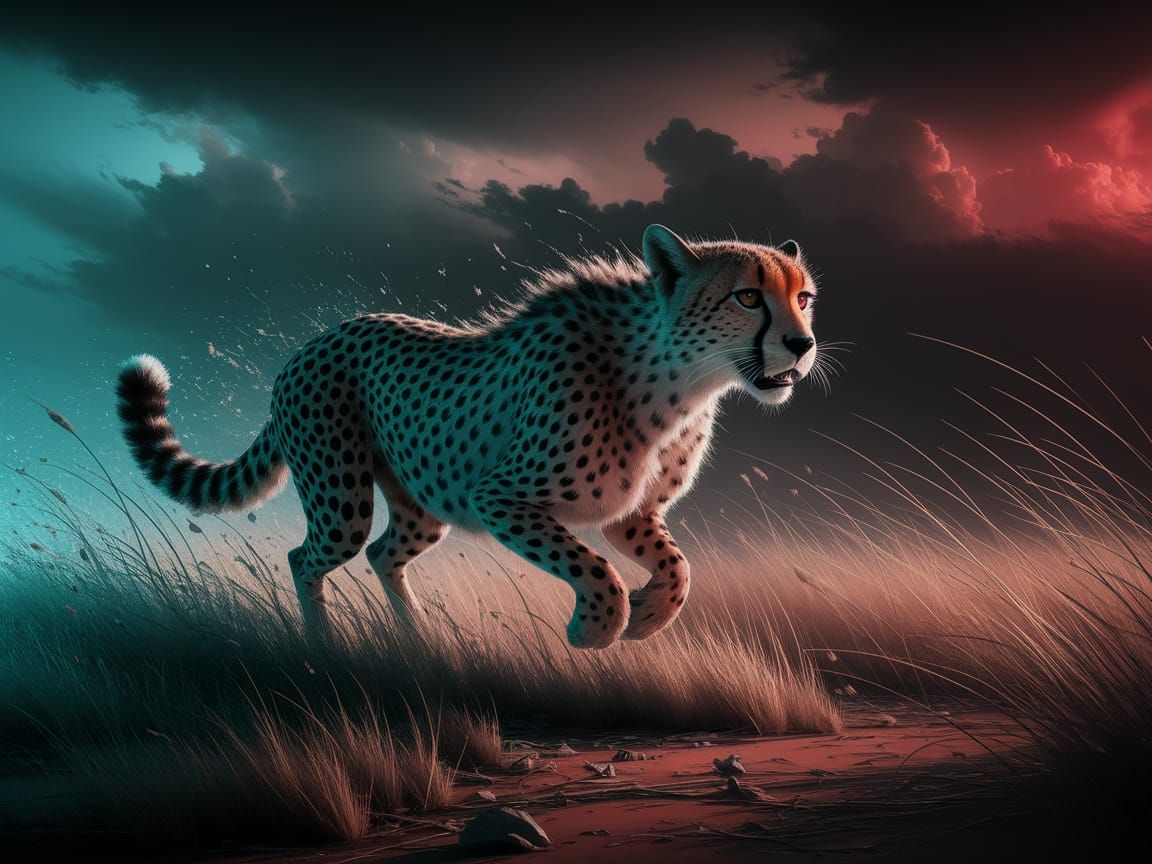 Serengeti Cheetah in Full Sprint Amidst Turbulent Storm