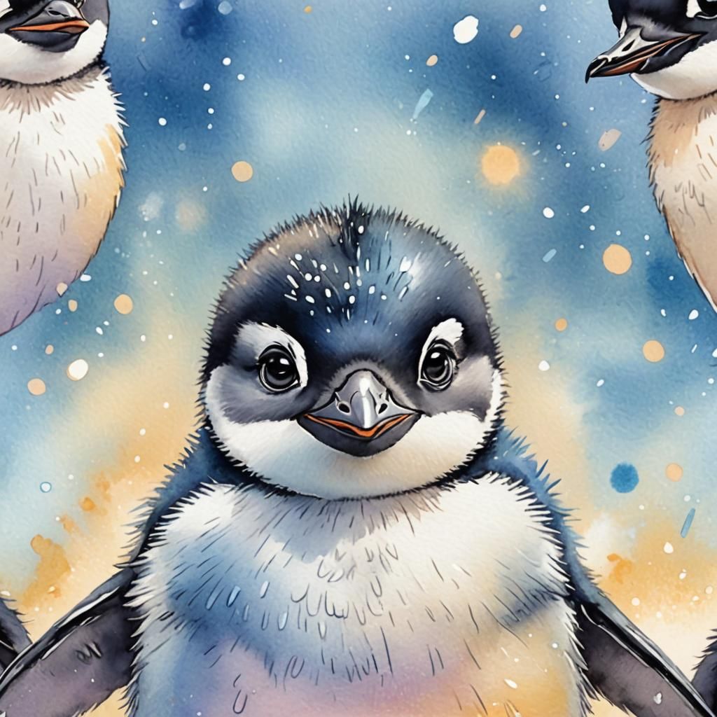 Adorable Baby Penguin Portrait in Watercolor Anime Style