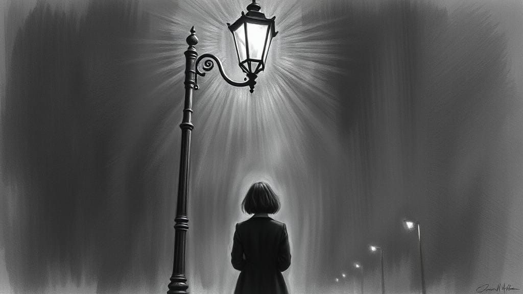 Elegant Woman in Charcoal Drawing Under a Street Lamp
