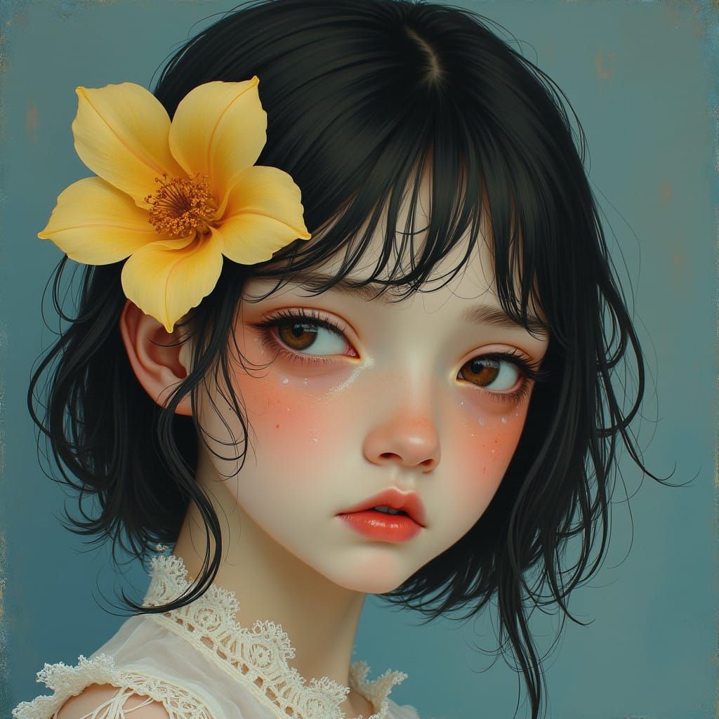 Girl in Tears, Delicate Flower Tucked Behind Her Eye