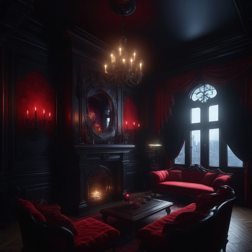 Gothic Victorian penthouse with Black walls with Red accents& gothic Victorian windows with gothic red curtains& Red Got...