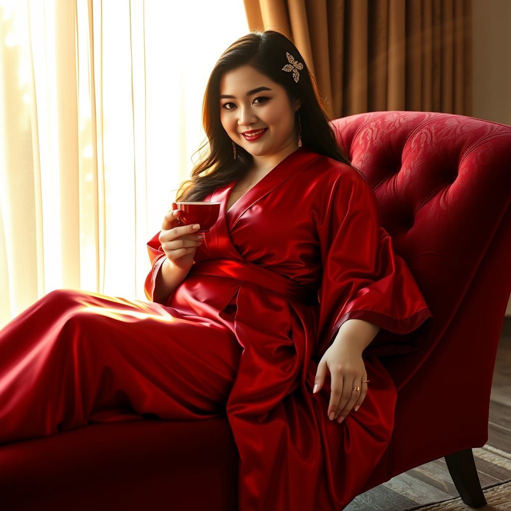 Asian Woman in Crimson Latex Kimono Enjoying Tea Time