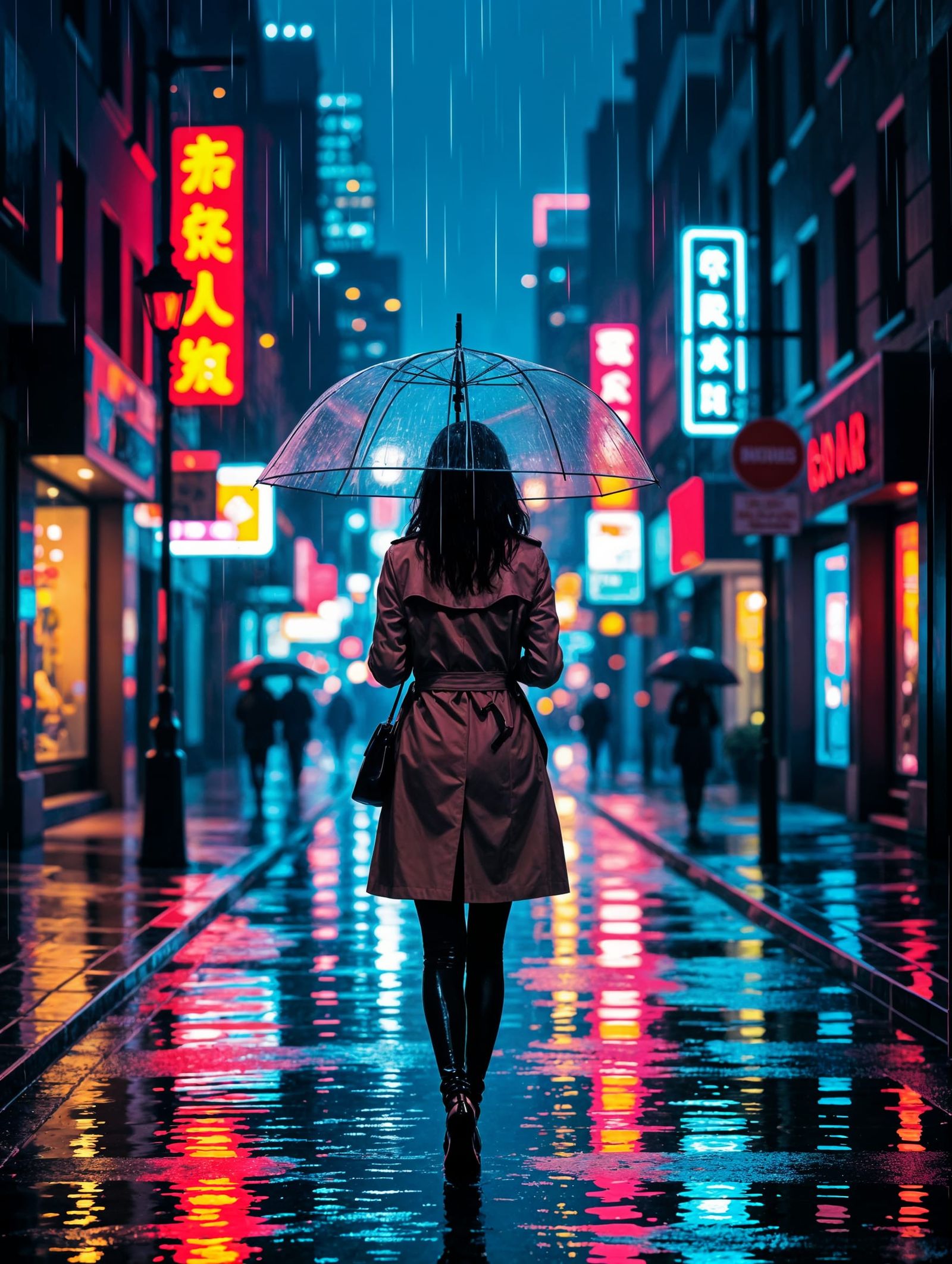 Rainy City Streets at Night in Neo-Noir Style