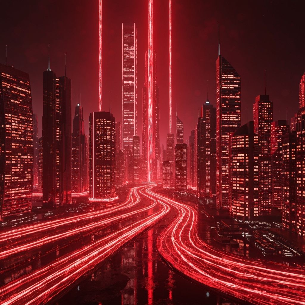 Red Futuristic Cityscape in 3D Game Style