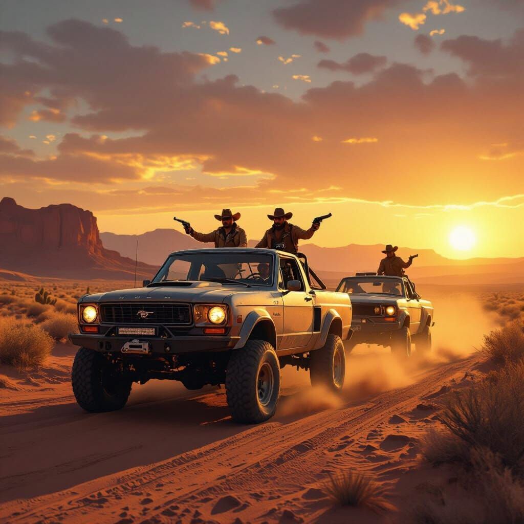 Desert Adventure: Off-Road Vehicle with Mustangs and Armed M...