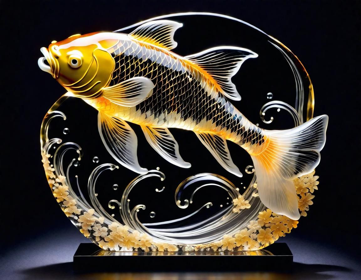 Radiant Glass Koi Sculpture in Hokusai Style