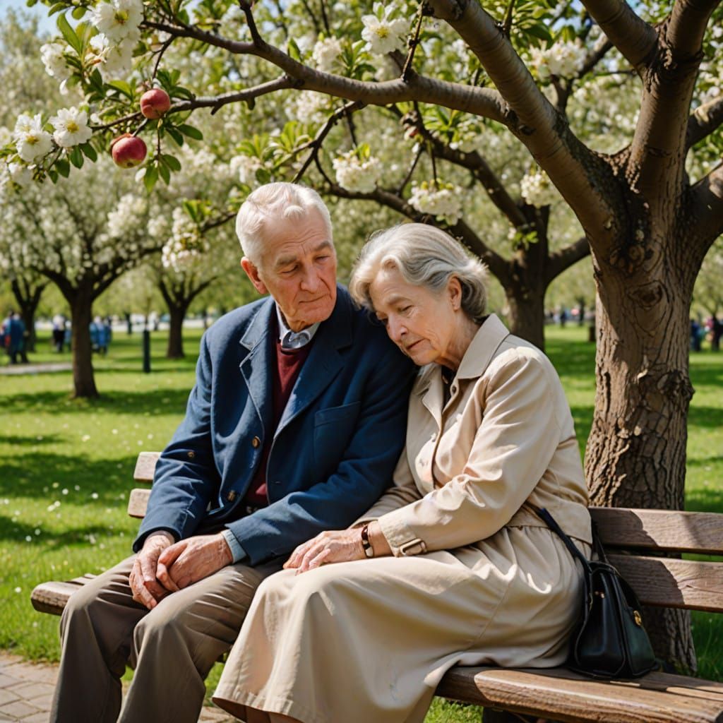 Elderly Couple Under Blossoming Apple Tree