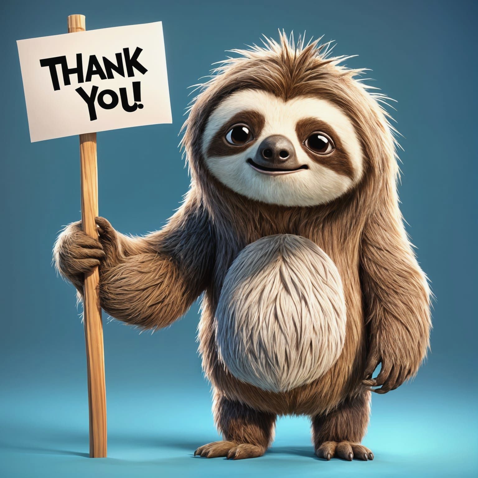 A funny and fluffy pixar character sloth with a long narrow neck and massive head, decorated with unkempt,...