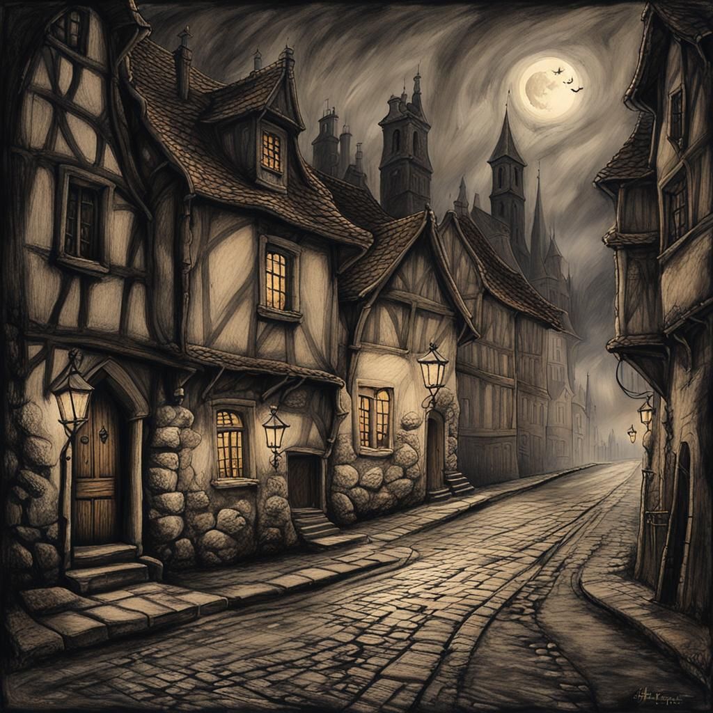 Creepy House in Medieval Street: Anton Pieck Style