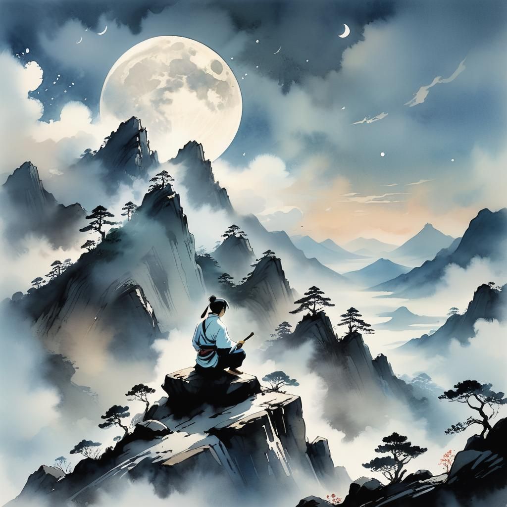 Martial Artist Meditating on Misty Mountain