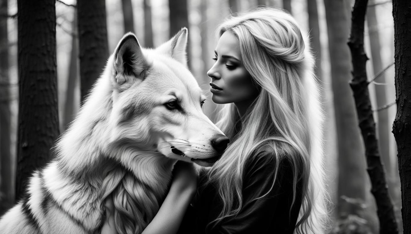 Woman and Wolf Entwined: A Black and White Portrait