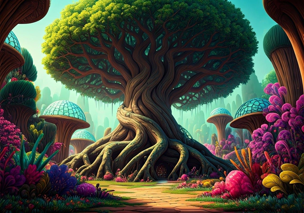 Whimsical Fantasy Landscape with Intricately Woven Tree
