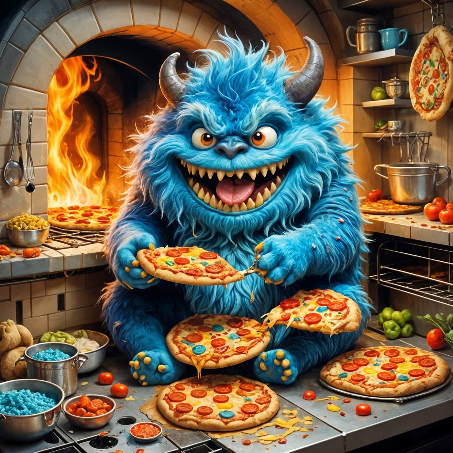 Surreal Monster Devours Pizza in Whimsical Kitchen Scene