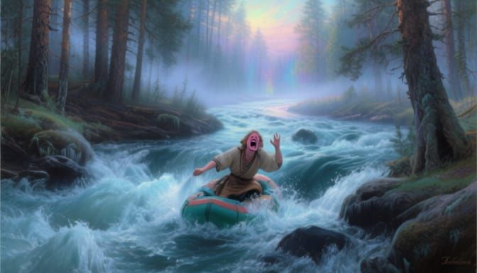 Figure Navigating Rapids in Ethereal Taiga Forest