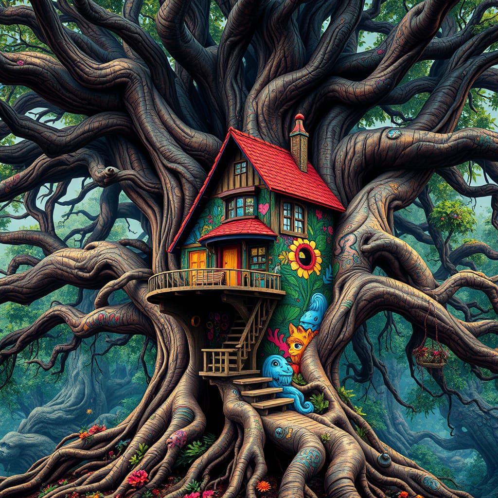 Whimsical Treehouse Embedded in Ancient Tree