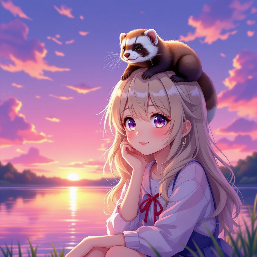 Anime Girl and Ferret Under Pink Sky